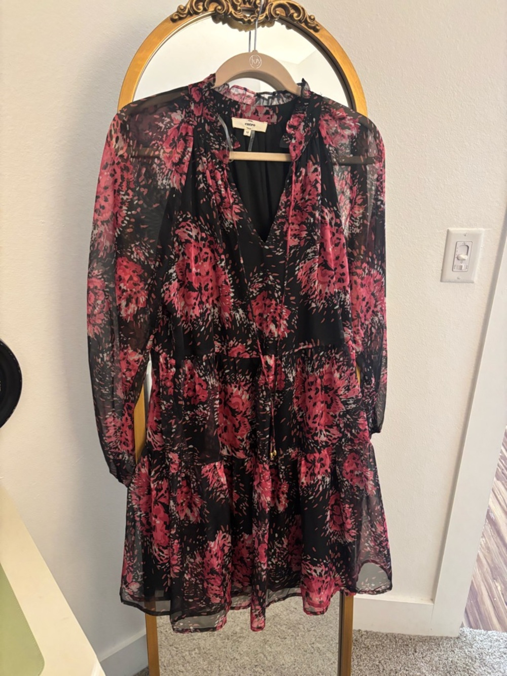 entro Black Sheer Tiered Dress with Pink Floral Print